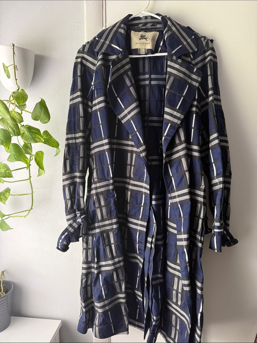 Burberry Navy and White Plaid Maxi Dress